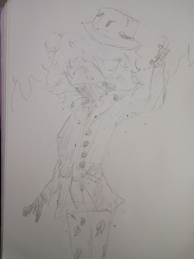 A physical drawing of Gera in their normal garb, along with a pose resemblant of that seen in the MV for "Butcher's Vanity", a song produced by Flavor Foley. Specifically, this is a referencing of Yi Xi's pose.