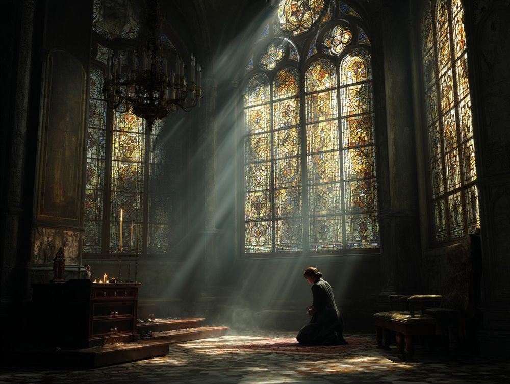 A solemn woman in a medieval cathedral, lighting a single candle at dusk, rays of multicolored light streaming through towering stained glass windows, dramatic chiaroscuro lighting, Baroque religious painting style by Caravaggio and Rembrandt, hyper-detailed fabric textures, stone walls with centuries-old patina, dust particles illuminated in the air, devout atmosphere of quiet prayer, cinematic wide-angle shot, shot on Arri Alexa 65mm with Kodak Vision3 250D film grain