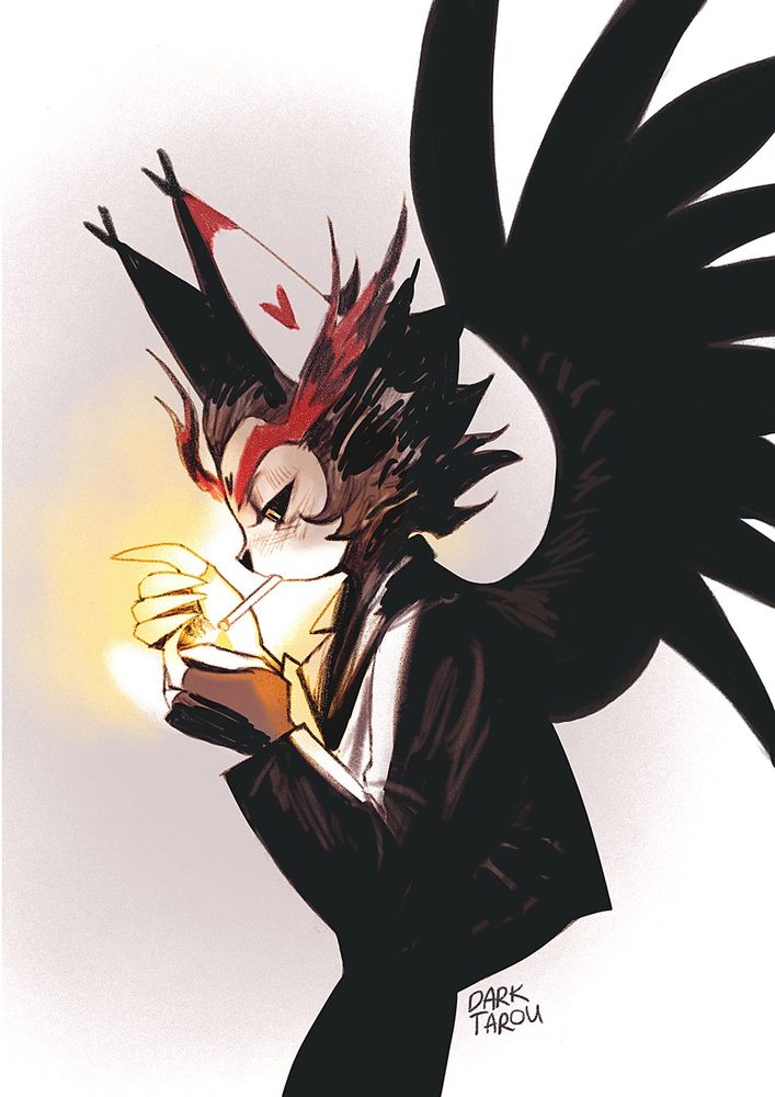Husk from Hazbin Hotel lighting a cigarette  