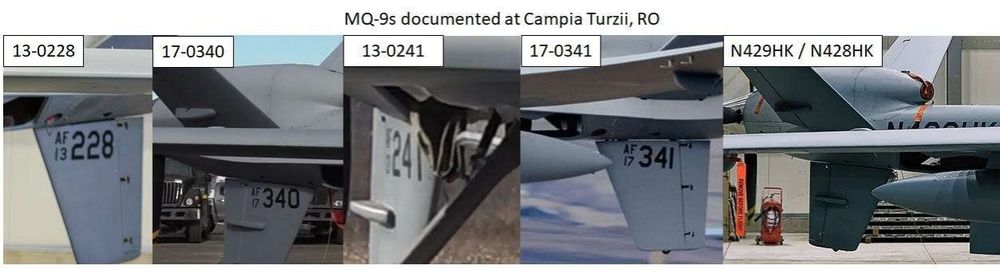 Picture shows five cropped images of aircraft tails, with annotations showing the represented tail numbers on the aircraft tails: 13-0228, 17-0340, 13-0241, 17-0341, N429HK / N428HK