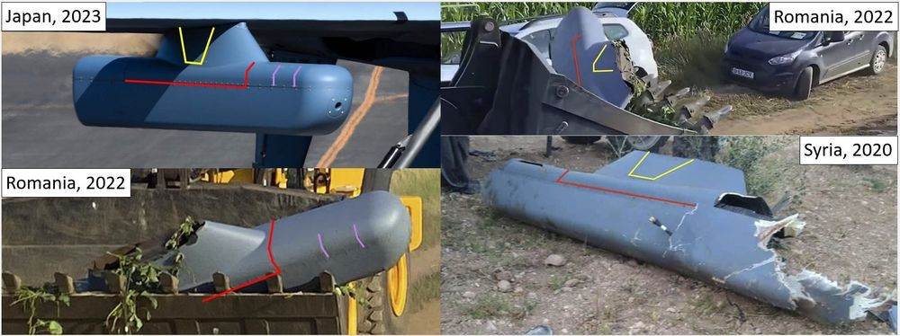 Picture shows four examples of a long, rectangular pod with rounded ends. The upper left corner has an annotation that reads "Japan, 2023" and shows the pod at an angle, mounted on an aircraft. Yellow, red, and pink lines note specific details on the pod. The lower left corner shows a similar-looking pod in the bucket of a yellow front-loader. This also shows red and pink lines marking similar details. The upper right corner shows another angle of the pod in the front loader bucket, this time from behind. Two cars are parked next to the dirt road the vehicle is driving on. The pod has yellow and red lines noting similar details. The lower right corner shows a similar-looking pod, missing a section after a crash. The annotation in the upper right corner of this frame reads "Syria, 2019". The torn end of the pod shows scraps of the materials that build out the frame of the pod, and a wire extends from it. The pod is leaning against a tree, sitting on the dirt and scattered rocks.