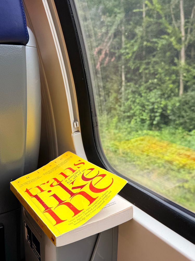 Bilde av en gul bok med tittelen skrevet i røde bokstaver som fyller hele coveret, og sier ‘trans like me’. Boka ligger ved vinduskarmen på et togvindu som kurver svakt oppover. Til høyre ser vi grønne trær ut av vinduet. 