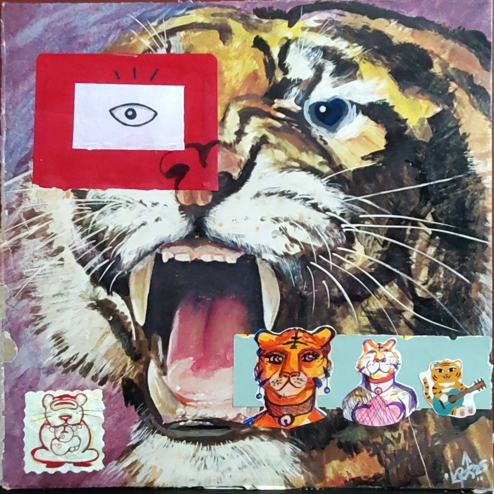 Collage on a vinyl record (Hey Fightin' Tigers)