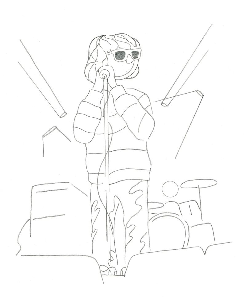 Line drawing of The Charlatans singer Tim Burgess. A simple, graphic pencil drawing of a singer, the singer is wearing a stripy jumper and sunglasses, he has fairly long hair and is holding a microphone and looking to one side. Behind him there are simply drawn light, a speaker and a drummer.