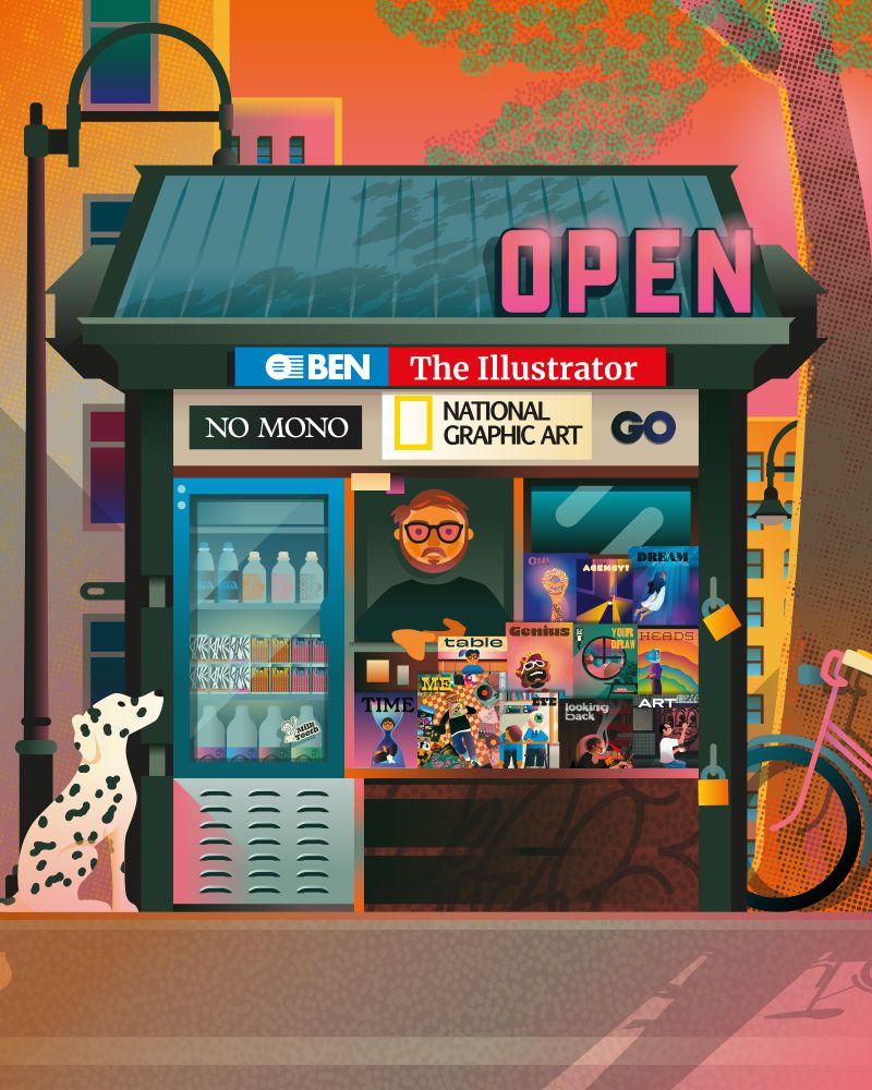 A colourful graphic illustration of a New York style news stand on a street, the sky ir orange and pink and making things glow in the picture. The news stand is dark green with a bright pink 'OPEN" sign on the roof. There is lots of graphic signage and magazines on the stand, each magazine has a colourful illustration on it. To the left of the kiosk is a dalmatian dog and to the right a pink bicycle is leaning against a tree. There is a man standing in the kiosk window with ginger hair, glasses and a beard. There is also a fridge in the newsstand full of bottled and can drinks.