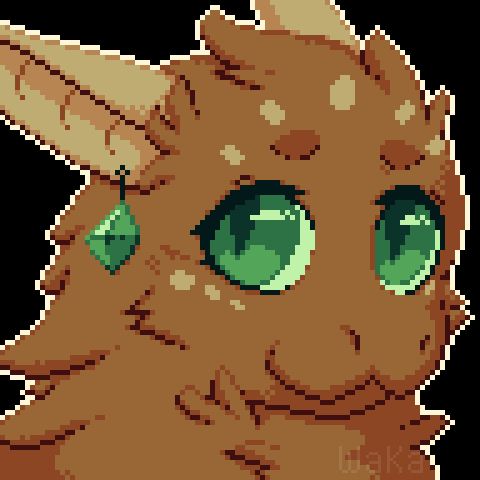 Fluffy boi drawn in a cute pixel art style. He got green eyes and a green crystal earring.