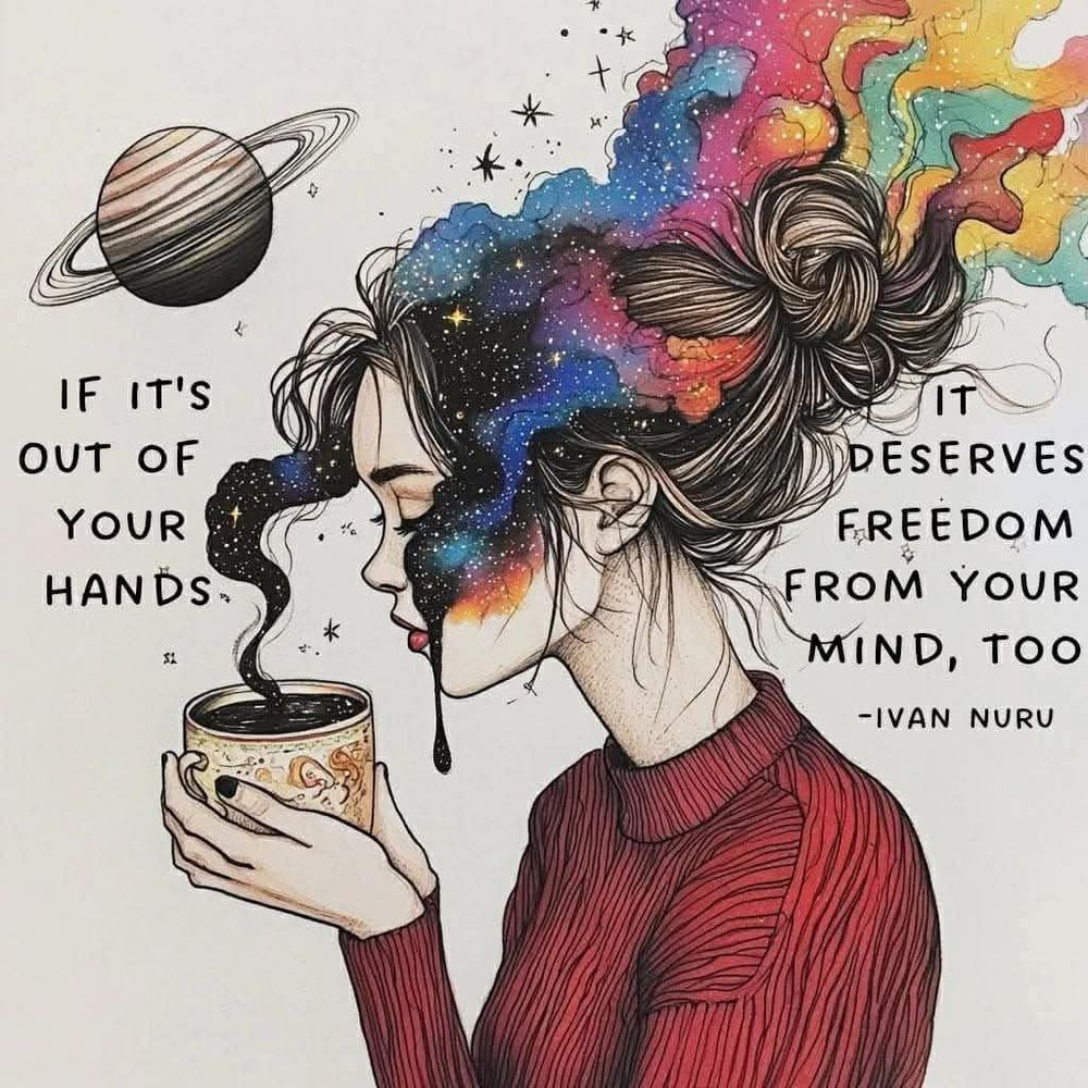 Picture of a girl drinking coffee, releasing a steaming galaxy of stars that brushes past her hair becoming a rainbow of colorful smoke. The phrase on the image says "If it's out of your hands, it deserves freedom from your mind too." - Ivan Nuru