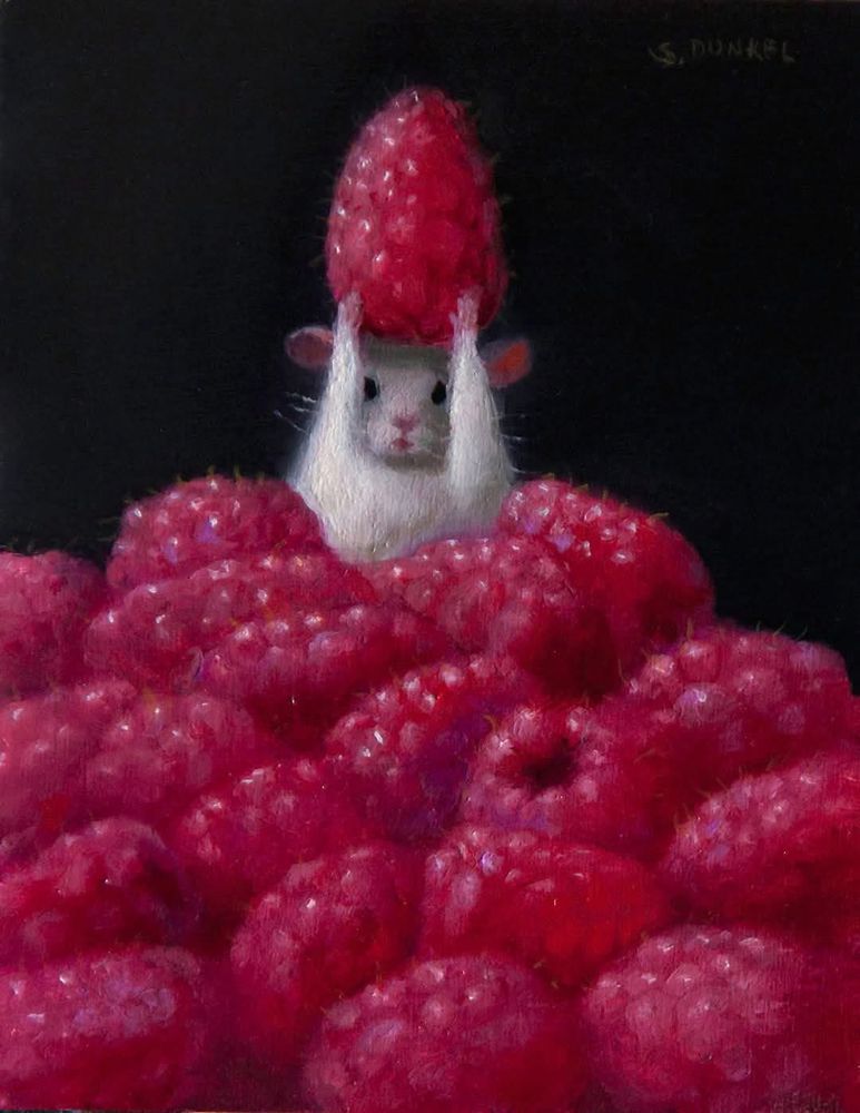 Painting of a mouse on top of a pile of raspberries holding a raspberry.

Name of painting is "Hero"  by Stuart Dunkel (1952)