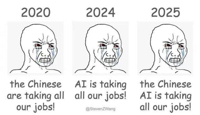 Crying Wojak meme by @StevenZWang  2020: The Chinese are taking all our jobs!  2024: AI is taking all our jobs!  2025: The Chinese AI is taking all our jobs!