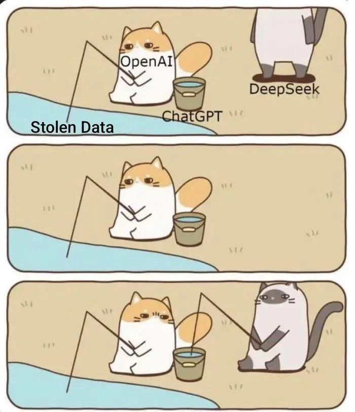 Cat labeled “Open AI” shown fishing in a stream labeled “Stolen Data.” A bucket labeled “ChatGPT” is beside the cat, presumably for fish.

Another cat labeled “DeepSeek” comes up from behind. 

The final panel shows the DeepSeek cat fishing from the bucket. 