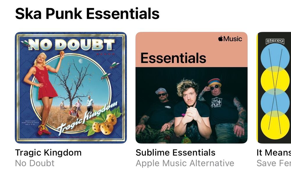 A screenshot of an Apple Music category titled "Ska Punk Essentials". Featured items include No Doubt's "Tragic Kingdom", a playlist titled "Sublime Essentials", and Save Ferris' "It Means Everything".
