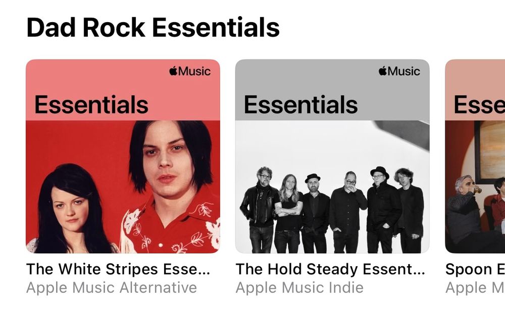 A screenshot of an Apple Music playlist category titled "Dad Rock Essentials". Featured playlists include "The White Stripes Essentials", "The Hold Steady Essentials", and "Spoon Essentials".