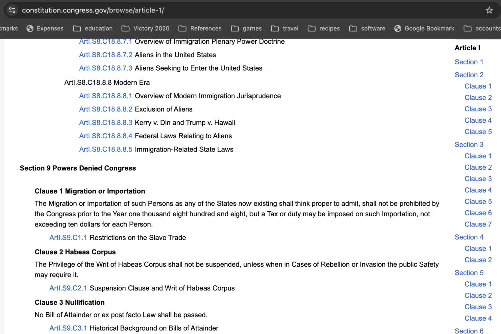 a screenshot showing the end of section and the start of section 9 -- powers denied congress -- including habeas corpus -- correctly included in the text (though not shown in the navigation on the right).