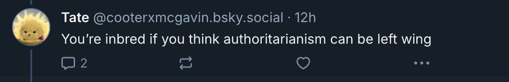 quote showing: "you're inbread if you think authoritarianism can be left wing"