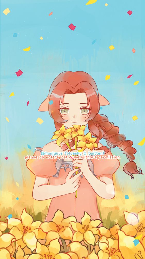 Aerith from FF7 standing in a field of flowers against a blue sky. Confetti is falling over her as she gazes down and smiles.