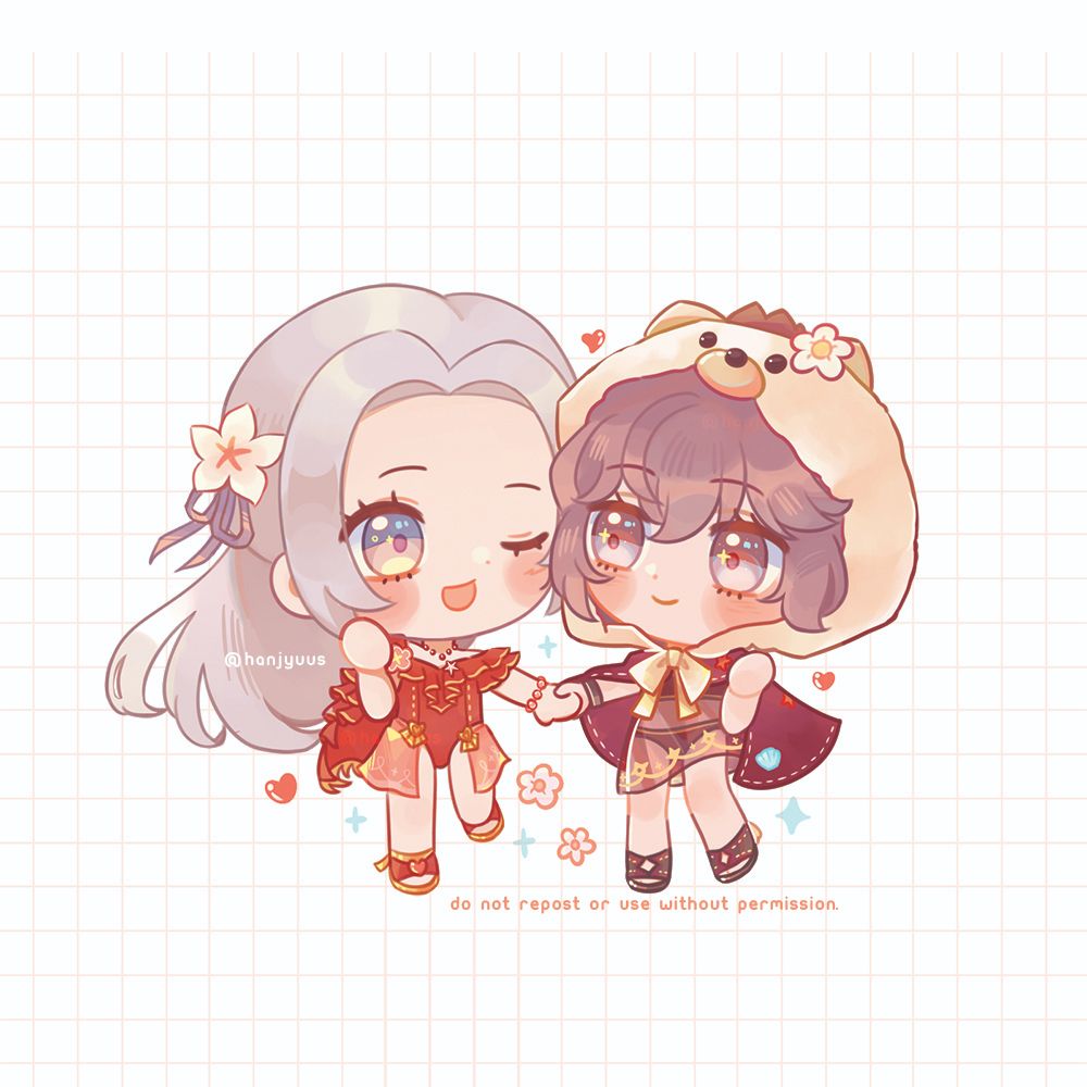 Chibi art of Summer Edelgard holding hands with Summer Bernadetta from the game Fire Emblem Heroes.