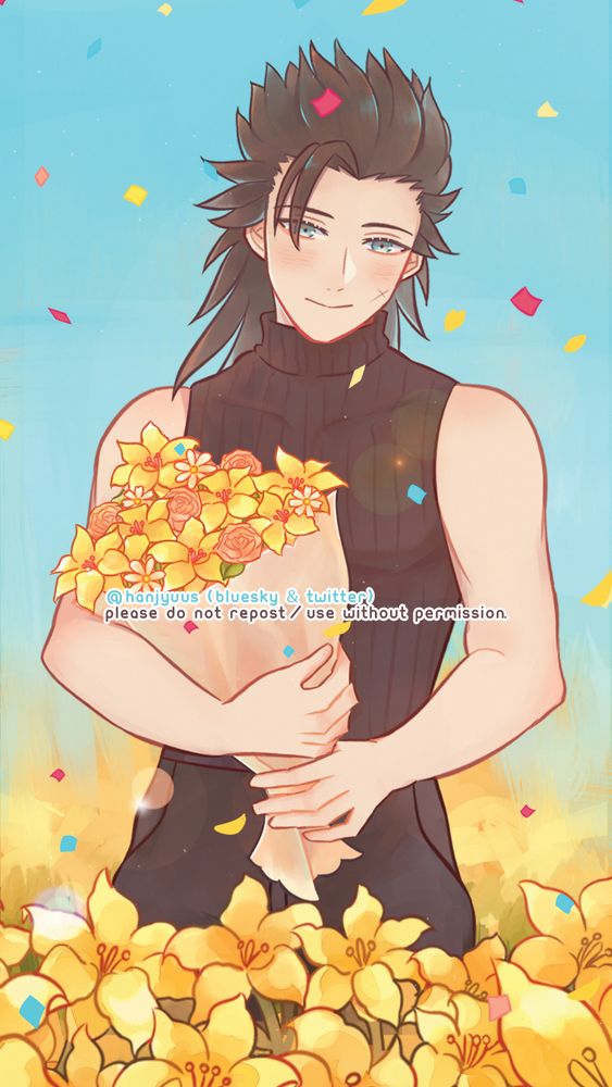 Zack from FF7 standing in a field of flowers against a blue sky. Confetti is falling over him, he's holding a bouquet of flowers and smiling at the viewer (Aerith).