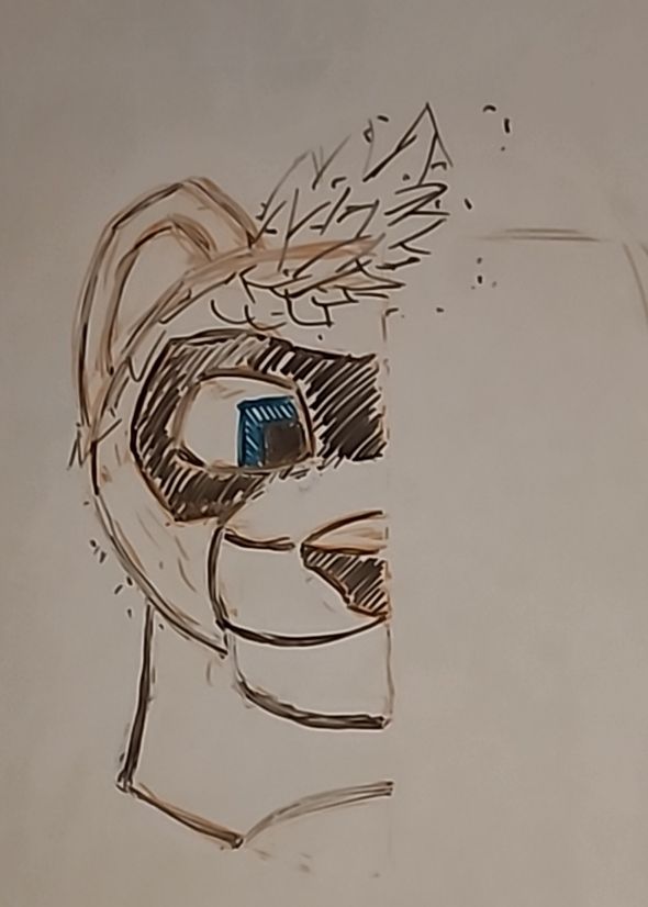 A mostly greyscale otter with a ferret's eye mask is drawn upon a whiteboard in dry erase marker. Many lines have a ghost of orange sketchwork velow.