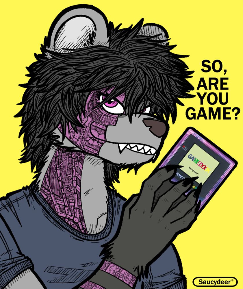 A grey otter holds up a GAMEDOOK color, with a transparent shell. His paw has darkened fur.

Across his face, neck, and two bands on his arm are internals visible through similarly translucent paneling.