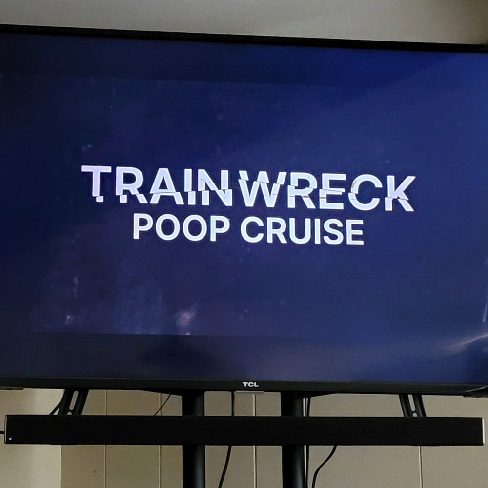 TCL TV with sound bar showing the title screen of the Netflix documentary Trainwreck: Poop Cruise (2025)