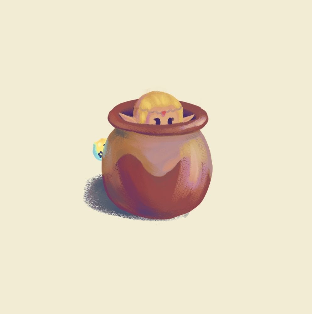 A pastel painting of princess zelda as she appears in echoes of wisdom hiding in a big pot. She is peeking out of the top. Tri is hidden behind the pot.