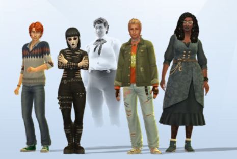 screenshot of 5 sims. 
1: thin, caucasian redhead, human, typical nerd 
2: short, pale, goth vampire girl 
3: old timey dandy ghost dude
4: tan werewolf boy in grungy attire 
5: tall, black spellcaster girl in witchy grey dress