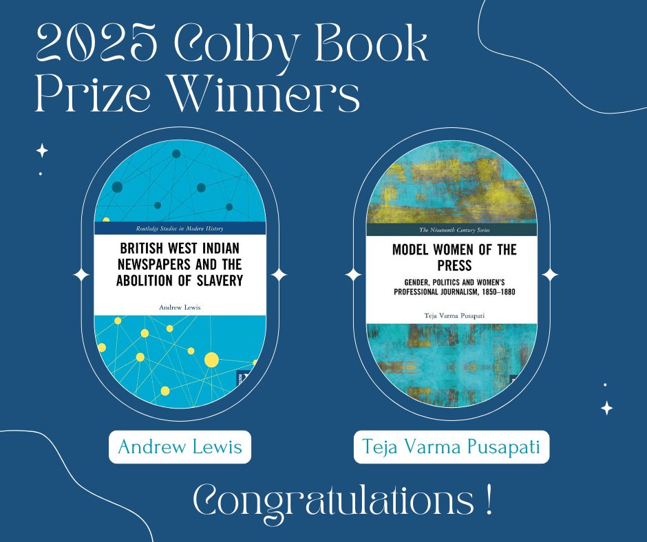 Graphic design of the two book covers of Colby Prize winners in ovals on a navy blue back with white wavy design. Text reads, "2025 Colby Book Prize Winners - Congratulations!"