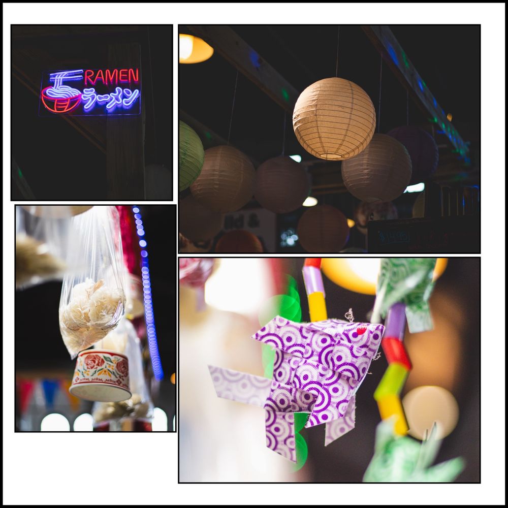 Four panels featuring a bag of dry noodles hanging at a market stall, a purple cloth fish, a neon sign reading “ramen” along with a bowl of noodles and a beige round paper lantern. 
