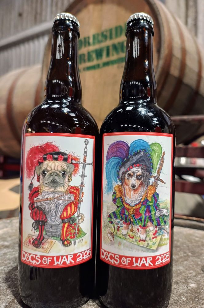 Artwork on 2 750ml beer bottles, one is the Battle Pug (who is dressed as a landsknecht) and one is the Blue Merle Militia, in a rather flaboyant cavalieresque get-up