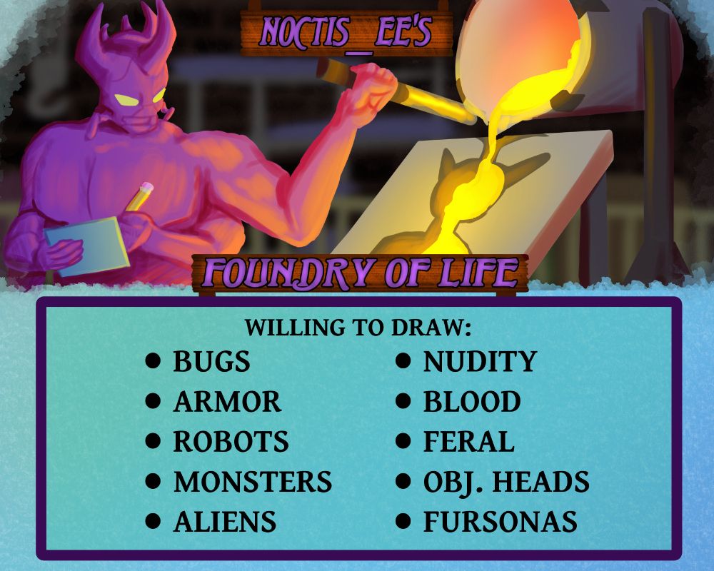 An anthro beetle man pours liquid metal into a mould in the shape of a cat furry. The text indicates that the poster is willing to draw bugs, armor, robots, monsters, aliens, nudity, blood, feral OCs, object head ocs, and fursonas.