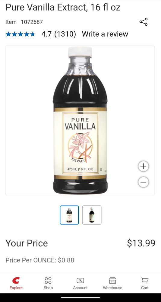 Vanilla extract at Costco for 88c an oz