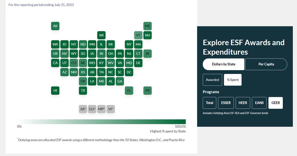 A data map of the United States showing Governor's Emergency Education Relief funds spent to date, by state.