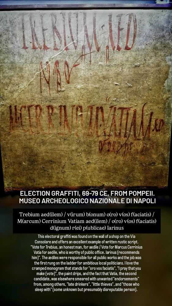 ELECTION GRAFFITI, 69-79 CE, FROM POMPEII. MUSEO ARCHEOLOGICO NAZIONALE DI NAPOLI

Trebium aed(ilem) / v(irum) b(onum) o(ro) v(os) f(aciatis) /
M(arcum) Cerrinium Vatiam aed(ilem) / o(ro) v(os) f(aciatis) d(ignum) r(ei) p(ublicae) Iarinus

This electoral graffiti was found on the wall of a shop on the Via Consolare and offers an excellent example of written rustic script. "Vote for Trebius, an honest man, for aedile / Vote for Marcus Cerrinius Vatia for aedile, who is worthy of public office. larinus (recommends him)". The ædiles were responsible for all public works and the job was the first rung on the ladder for ambitious local politicians. I love the cramped monogram that stands for "oro vos faciatis", "I pray that you make (vote)", the paint drips, and the fact that Vatia, the second candidate, was elsewhere smeared with unwanted "endorsements" from, among others, "late drinkers", "little thieves", and "those who sleep with" (some unknown but presumably disreputable person). 