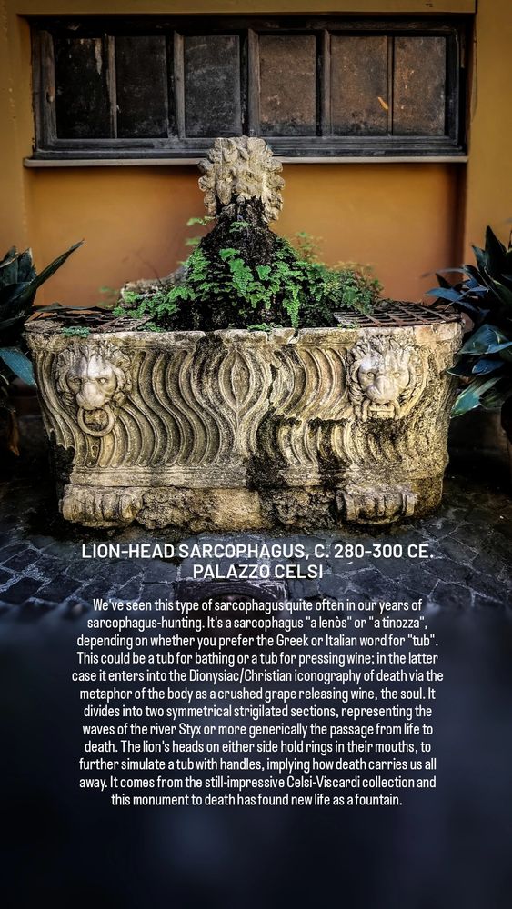 LION-HEAD SARCOPHAGUS, C. 280-300 CE. PALAZZO CELSI

We've seen this type of sarcophagus quite often in our years of sarcophagus-hunting. It's a sarcophagus "a lenòs" or "a tinozza", depending on whether you prefer the Greek or Italian word for "tub". This could be a tub for bathing or a tub for pressing wine; in the latter case it enters into the Dionysiac/Christian iconography of death via the metaphor of the body as a crushed grape releasing wine, the soul. It divides into two symmetrical strigilated sections, representing the waves of the river Styx or more generically the passage from life to death. The lion's heads on either side hold rings in their mouths, to further simulate a tub with handles, implying how death carries us all away. It comes from the still-impressive Celsi-Viscardi collection and this monument to death has found new life as a fountain. 