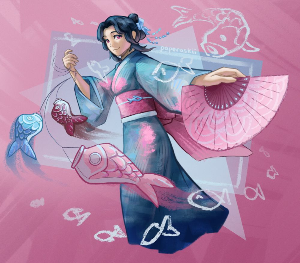 An ArtFight attack on @/adeline’s OC, Mizuri! A digital illustration of a girl wearing a blue and pink yukata. She has long, navy blue hair and pink eyes. She holds three koinobori (carp-shaped windsocks) by their strings in one hand, while holding a pink fan in the other, outstretched to the viewer.
