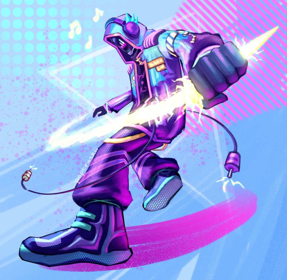 An ArtFight attack on rindmf’s OC, Beatnix! A digital illustration featuring a humanoid demon who can create bladed weapons by materializing soundwaves! He wears a shiny purple-blue jacket and purple pants. He’s in a mid-action pose as he thrusts a yellow electric blade in the air.