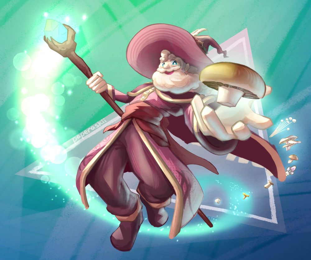 An ArtFight attack on XDtheIDIOT’s OC, Lawrence! A full-body digital illustration featuring an old mage wearing pink-gray robes and a hat, with a fluffy, marshmallow-like beard. He holds his staff glowing with green magic in one hand, and a portobello mushroom in the other. The portobello is followed by several other mushrooms as they recede into the distance.

The mushrooms are identified as the following:

portobello, enoki, oyster, shiitake, (???), king oyster, chanterelle, button