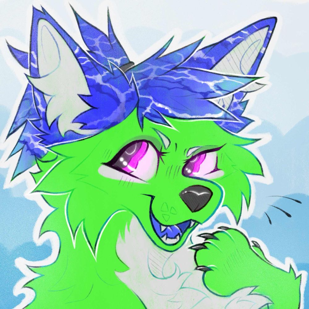 My Sona Tells/Tellstra he has light green fur with white chest fur and he has pink eyes with white markings right under the eyes. His hair and ears has water going over it giving it a blue coloration and he has his hair tied up with a gray band.