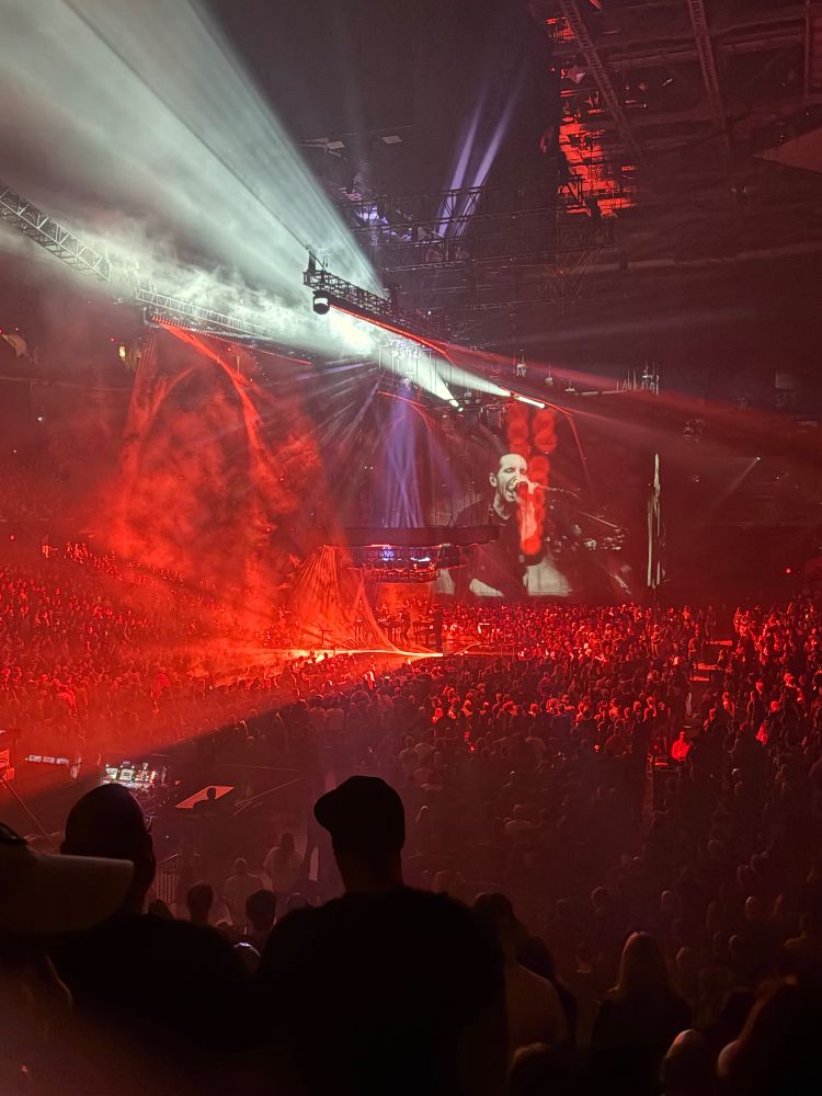 Photo of crowd and Trent Reznor on screen during Nine Inch Nails concert