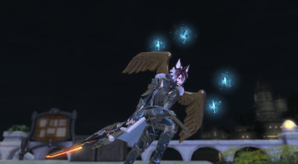 An Au Ra girl is running forward holding a futuristic gun blade. They have golden wings and crystals floating around them