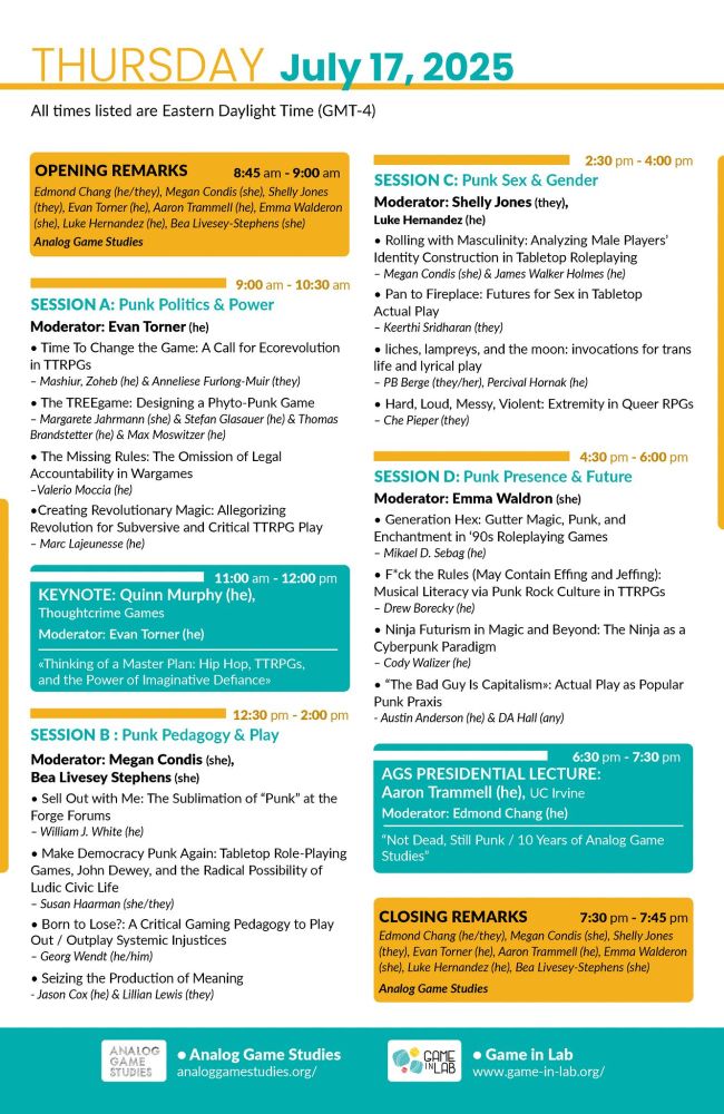 Schedule for Generation Analog Punk Conference July 17, 2025