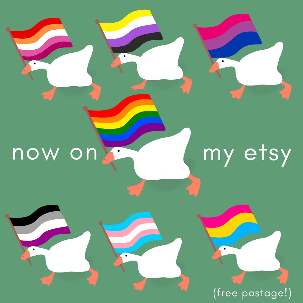 7 geese holding pride flags. They have a similar art style to the untitled goose game. The flags are lesbian, non binary, bisexual, asexual, transgender, pansexual. Text reads "now on my etsy" and "free postage"