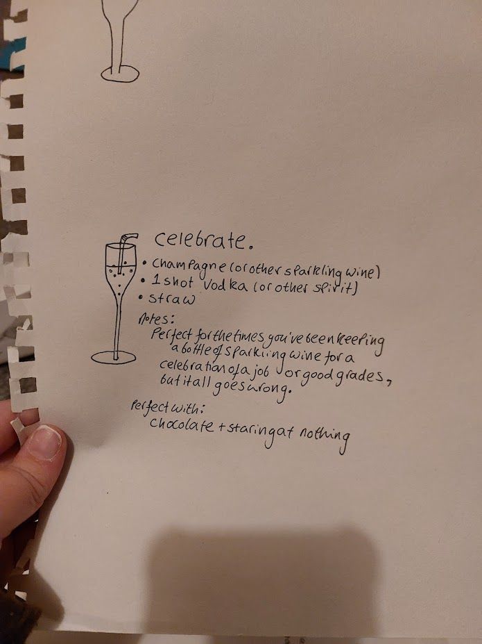 image description: a black ink drawing on a piece of paper held by a white hand. drawing of champagne with straw in it


celebrate:
- champagne (or other sparkling wine)
- 1 shot vodka (or other spirit)
- straw
notes: perfect for the times you've been keeping a bottle of sparkling wine for a celebration of a job, or good grades, but it all goes wrong. 


perfect with: chocolate and staring at nothing 
