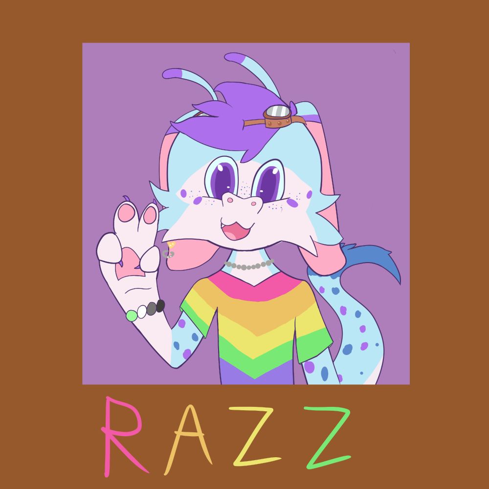 Art of a blue and white furry creature wearing a rainbow shirt