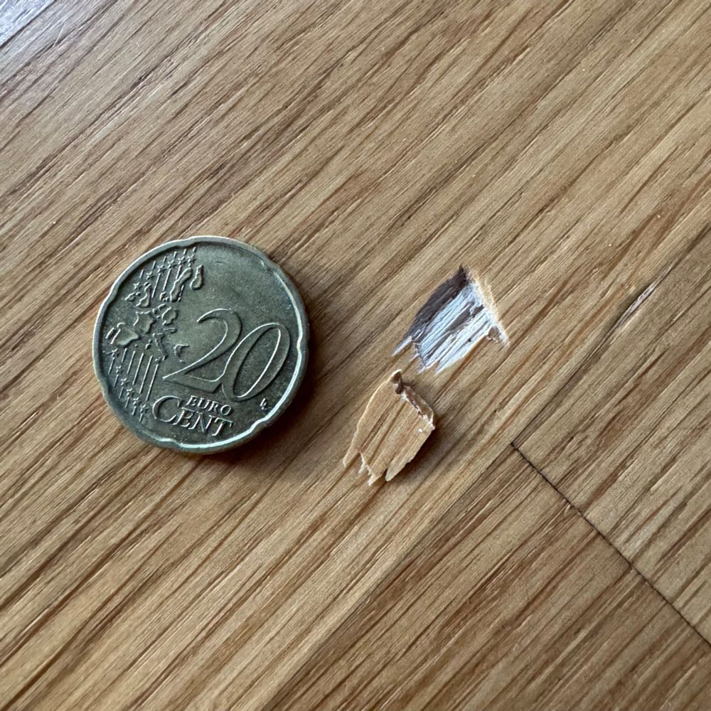 Europäische zwanzig Cent-Münze als Größenvergleich neben einem herausgeschlagenen Stück Eichenparkett, verursacht durch heruntergefallenen Gegenstand (nicht im Bild).