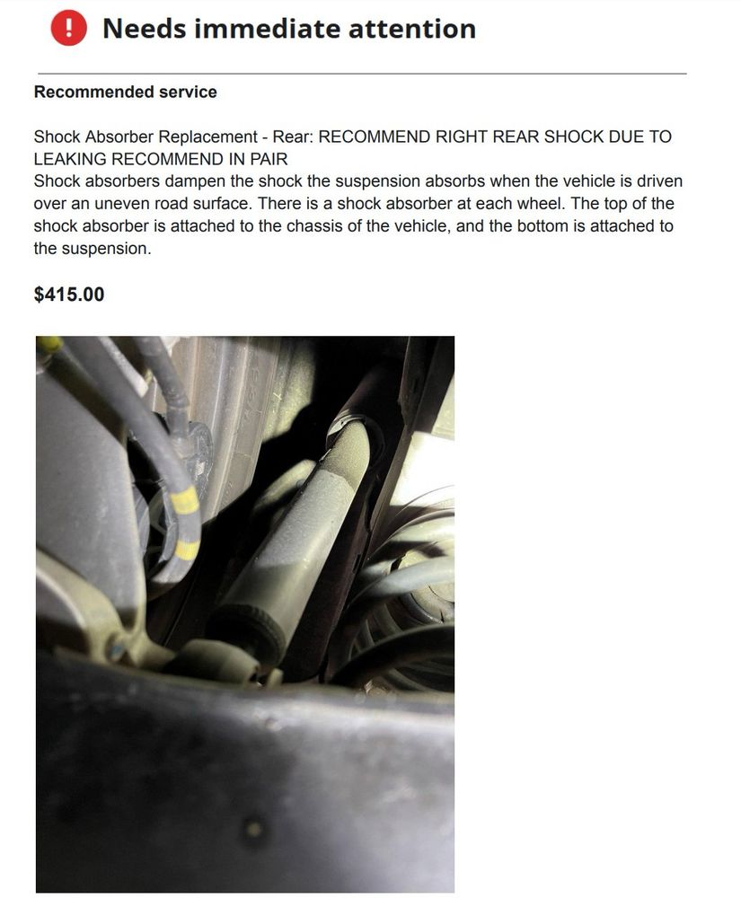 A detailed description of car repairs requiring immediate attention totaling $415 