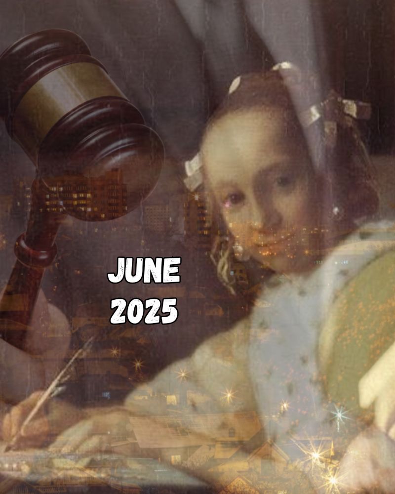 A composite image. Two different images both slightly transparent are overlaid. Background image the torso of a white man wearing a dark suit holding a small wooden gavel is in the act of auctioning art. Overlaid is an oil painting by artist Vermeer featuring a young white woman sitting writing a letter wearing a large 16th century yellow dress. White text overlaid said June 2025