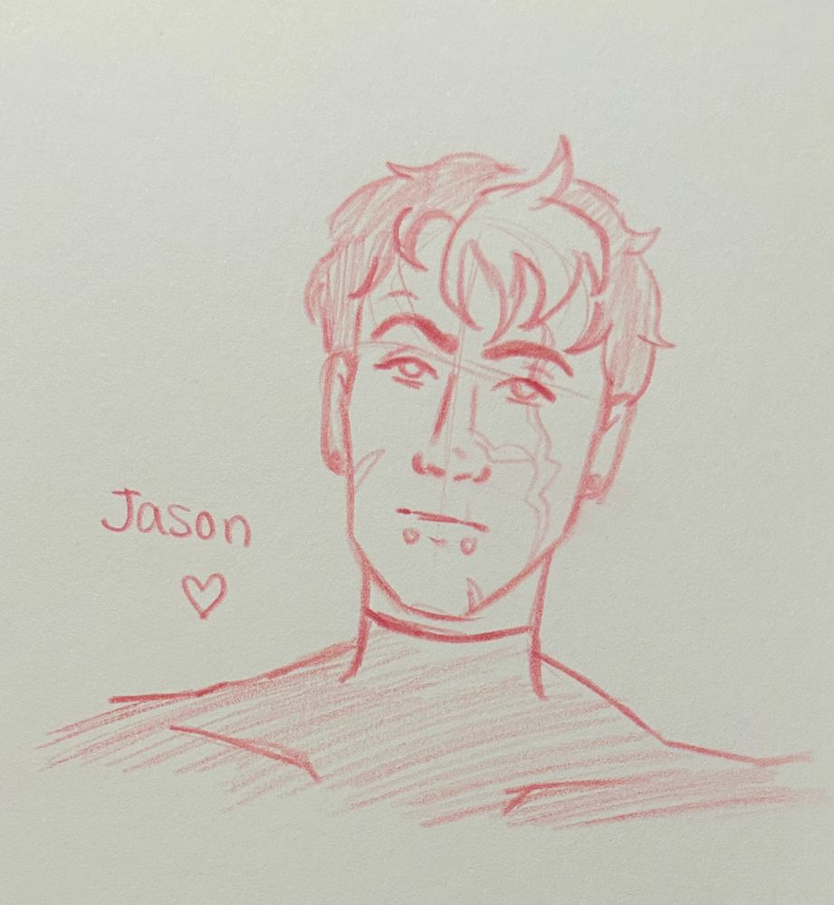 Red pencil sketch of Jason Todd looking skeptical with his little white streak and facial scars, wearing a skin tight suit. He has two lip piercings. “Jason ❤️ “