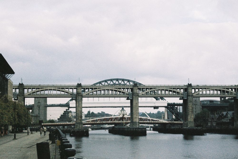 a view from the tyne, looking down river where several beautiful bridges cross it.