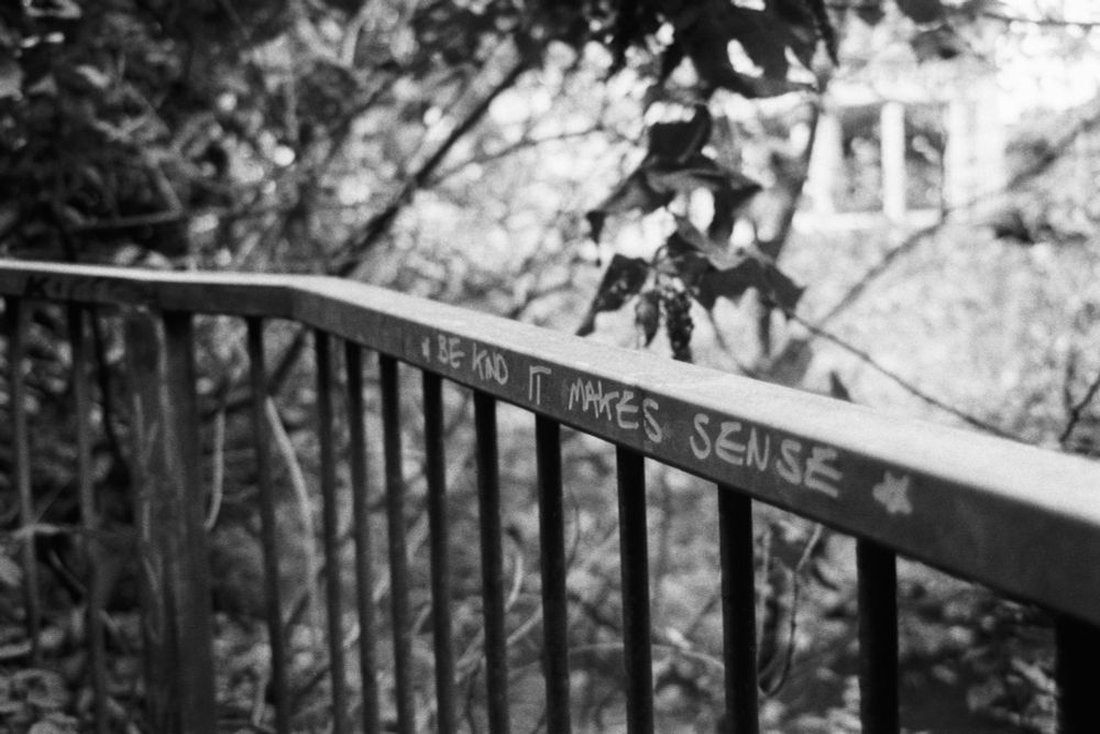 a photo of a thin metal railing in front of some trees and plants. someone's written on the railing in silver sharpie: "*Be Kind, It Makes Sense*"